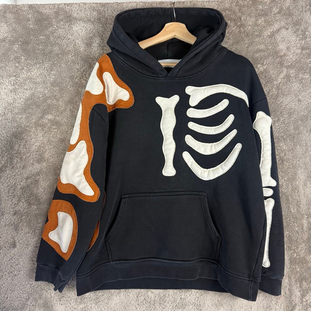 Coursemys Black Skeleton Hoodie L Large Y2K Super Thick RARE Skater Punk